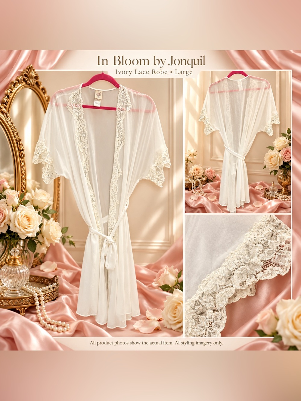 In Bloom Jonquil Robe L Ivory Sheer Lace Bridal Honeymoon Old Hollywood Glam
